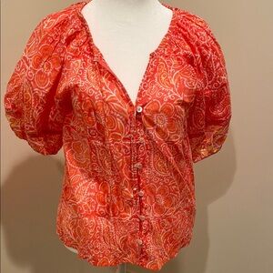 Orange Puff Sleeve Ruched Blouse